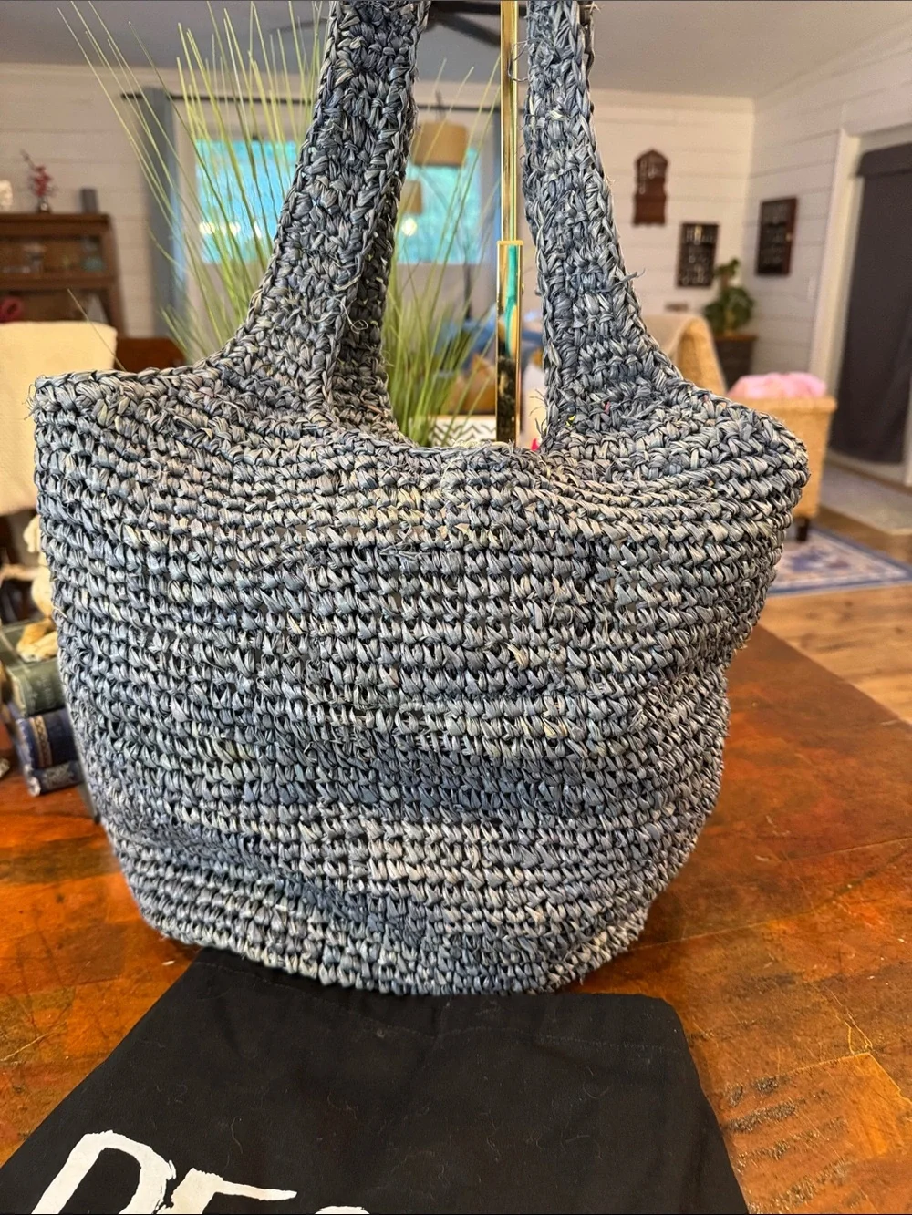 Kurt Geiger Gray Crocheted Raffia Hobo Bag with Beaded Charm